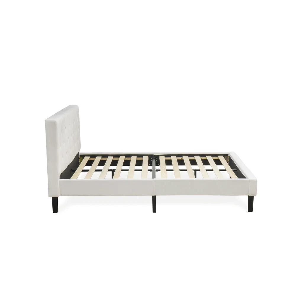 Nolan Platform Bed Frame - Button Tufted White Velvet Fabric Padded Headboard & Footboard, Black Legs, Queen Size