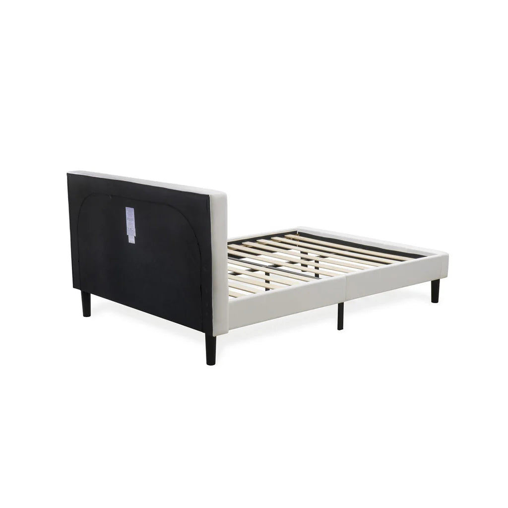 Nolan Platform Bed Frame - Button Tufted White Velvet Fabric Padded Headboard & Footboard, Black Legs, Queen Size