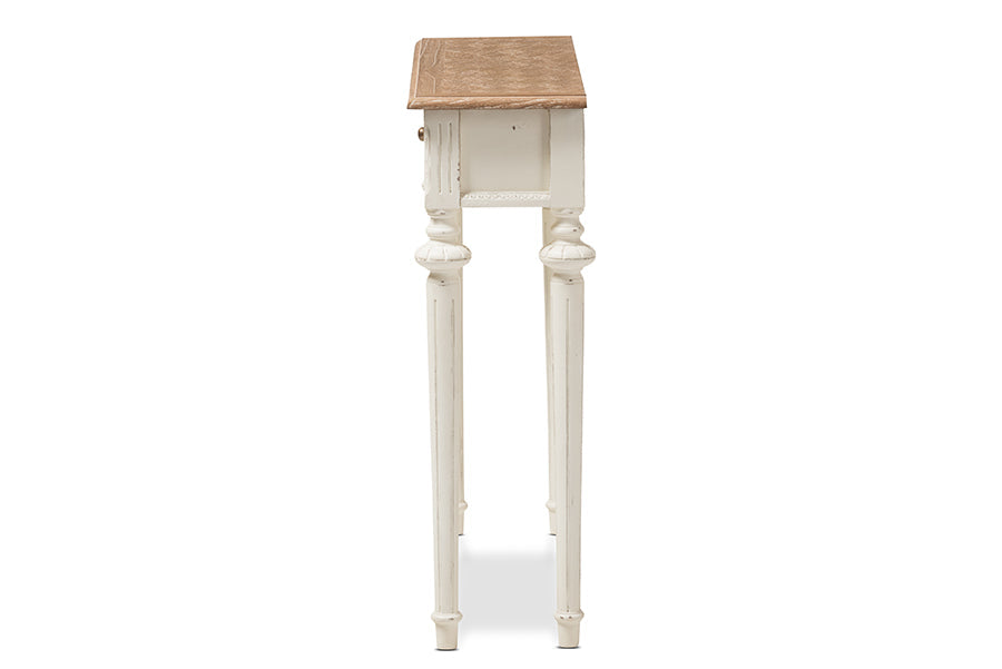Marquetterie French Provincial Style Weathered Oak and White Wash Distressed Finish Wood Two-Tone Console Table