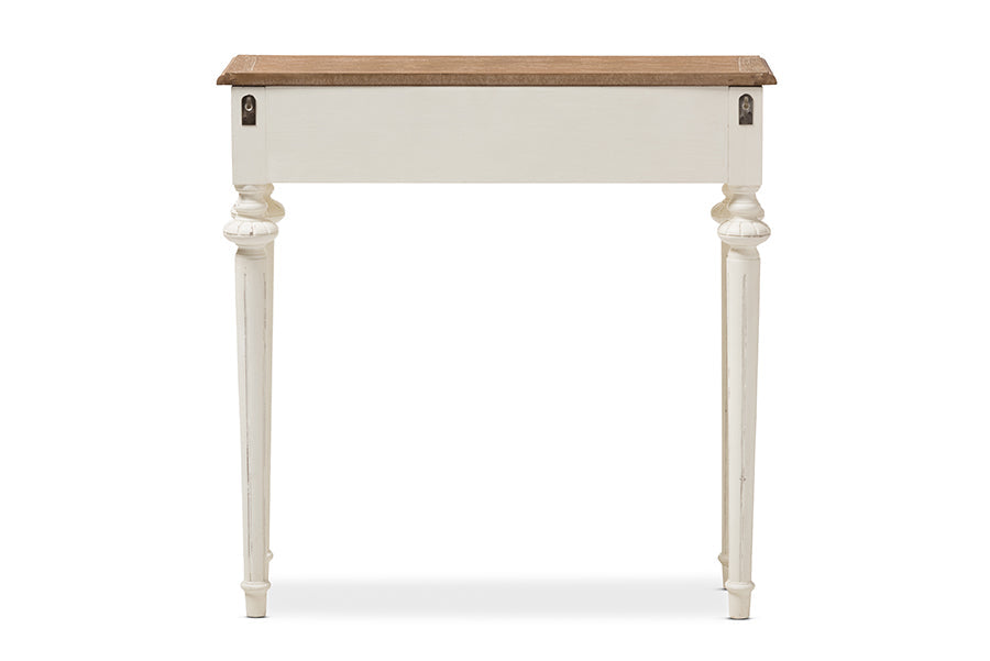 Marquetterie French Provincial Style Weathered Oak and White Wash Distressed Finish Wood Two-Tone Console Table