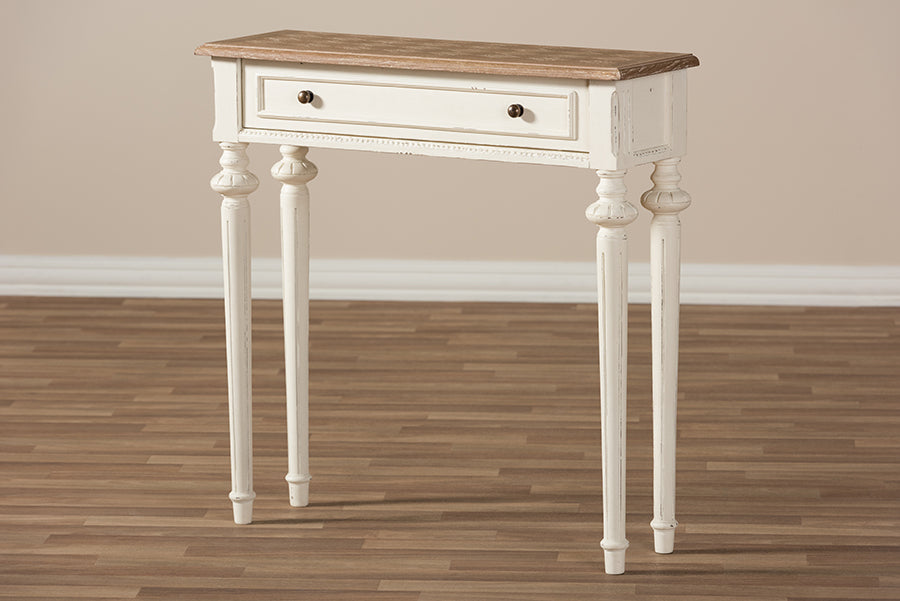 Marquetterie French Provincial Style Weathered Oak and White Wash Distressed Finish Wood Two-Tone Console Table
