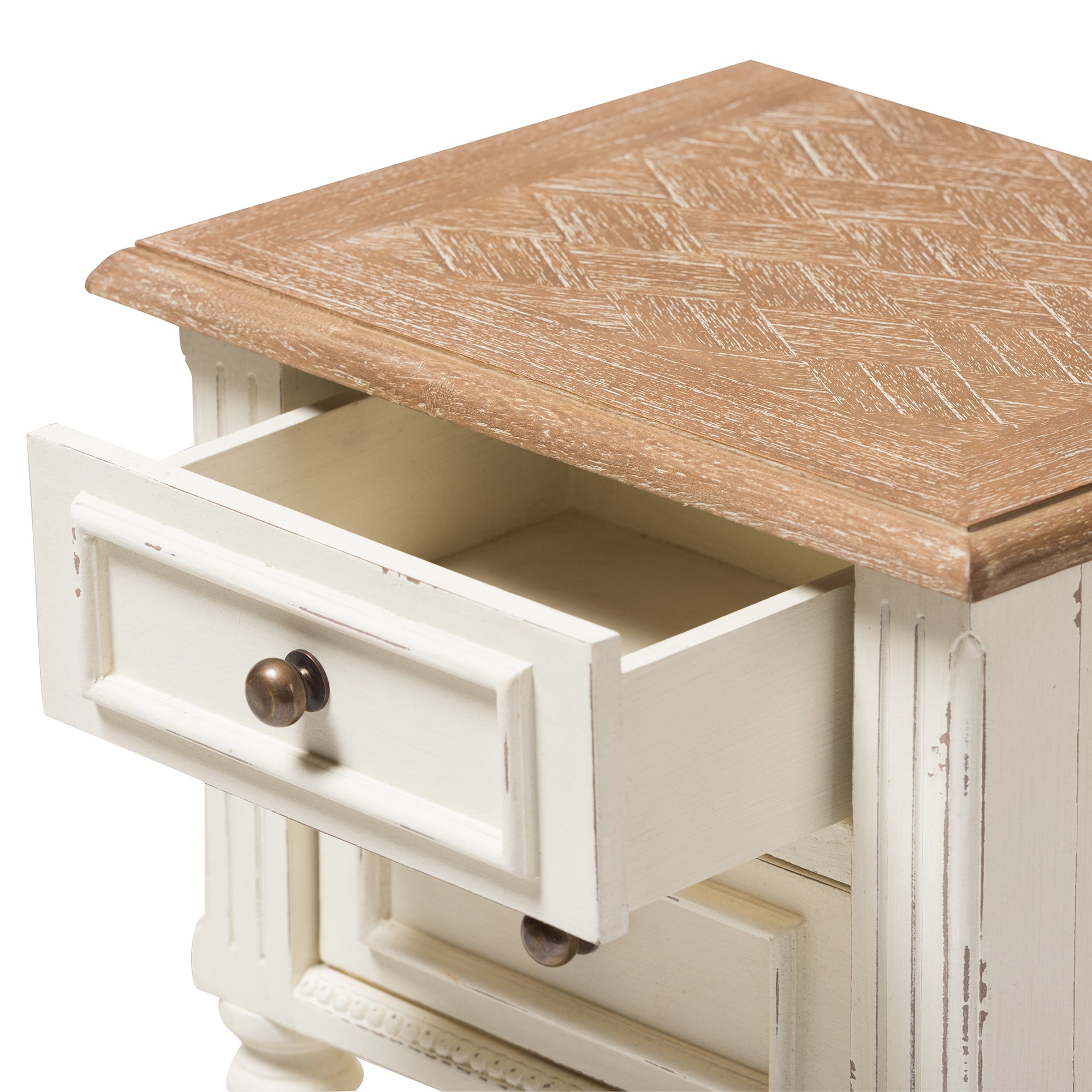 Marquetterie French Provincial Style Weathered Oak and White Wash Distressed Finish Wood Two-Tone 2-Drawer and 1-Shelf Nightstand