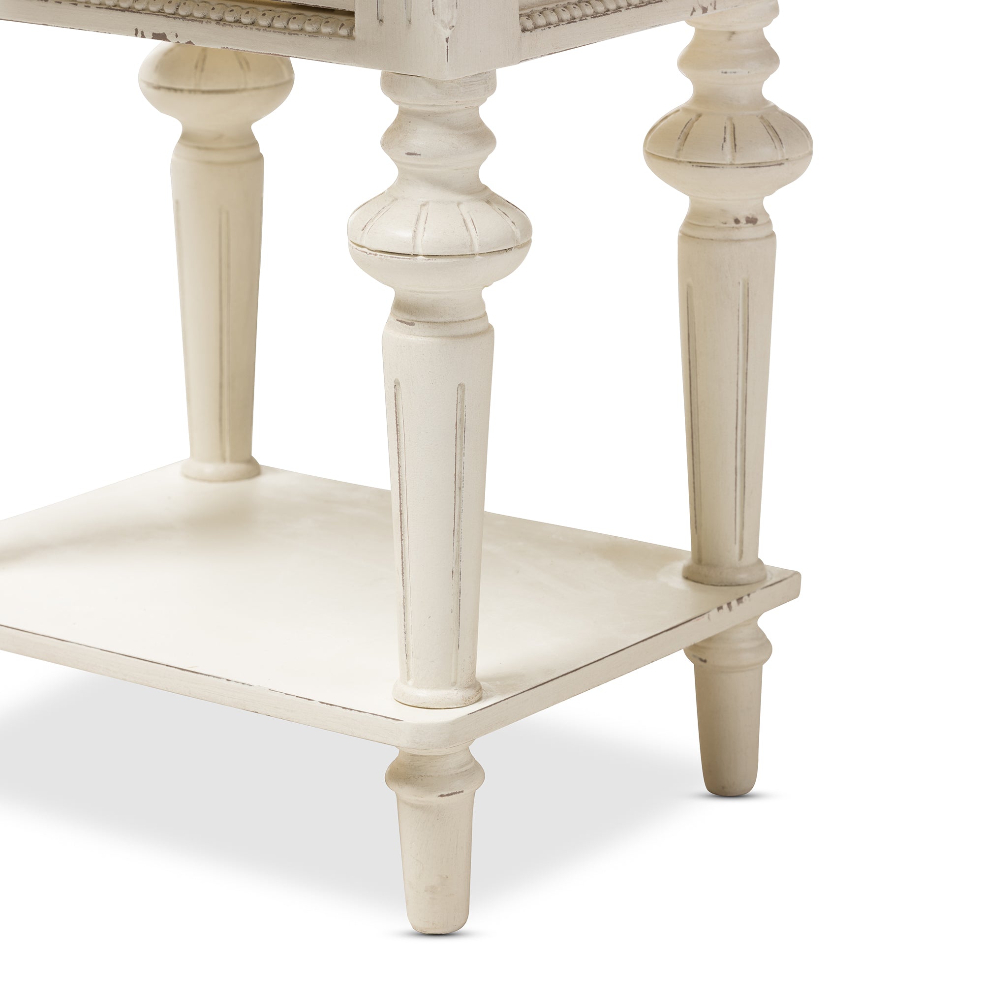 Marquetterie French Provincial Style Weathered Oak and White Wash Distressed Finish Wood Two-Tone 2-Drawer and 1-Shelf Nightstand
