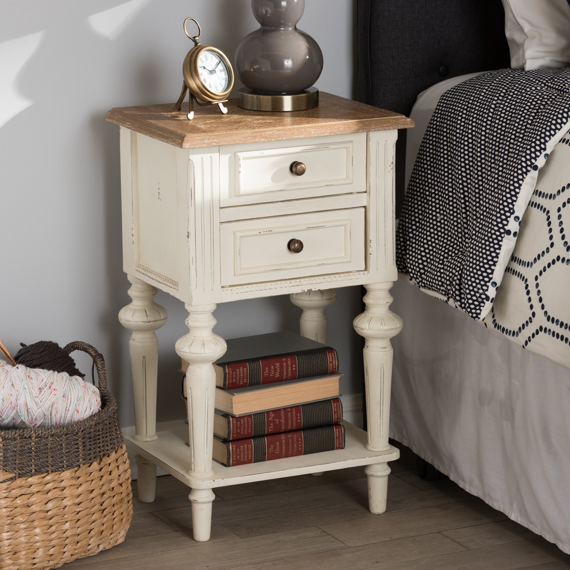 Marquetterie French Provincial Style Weathered Oak and White Wash Distressed Finish Wood Two-Tone 2-Drawer and 1-Shelf Nightstand