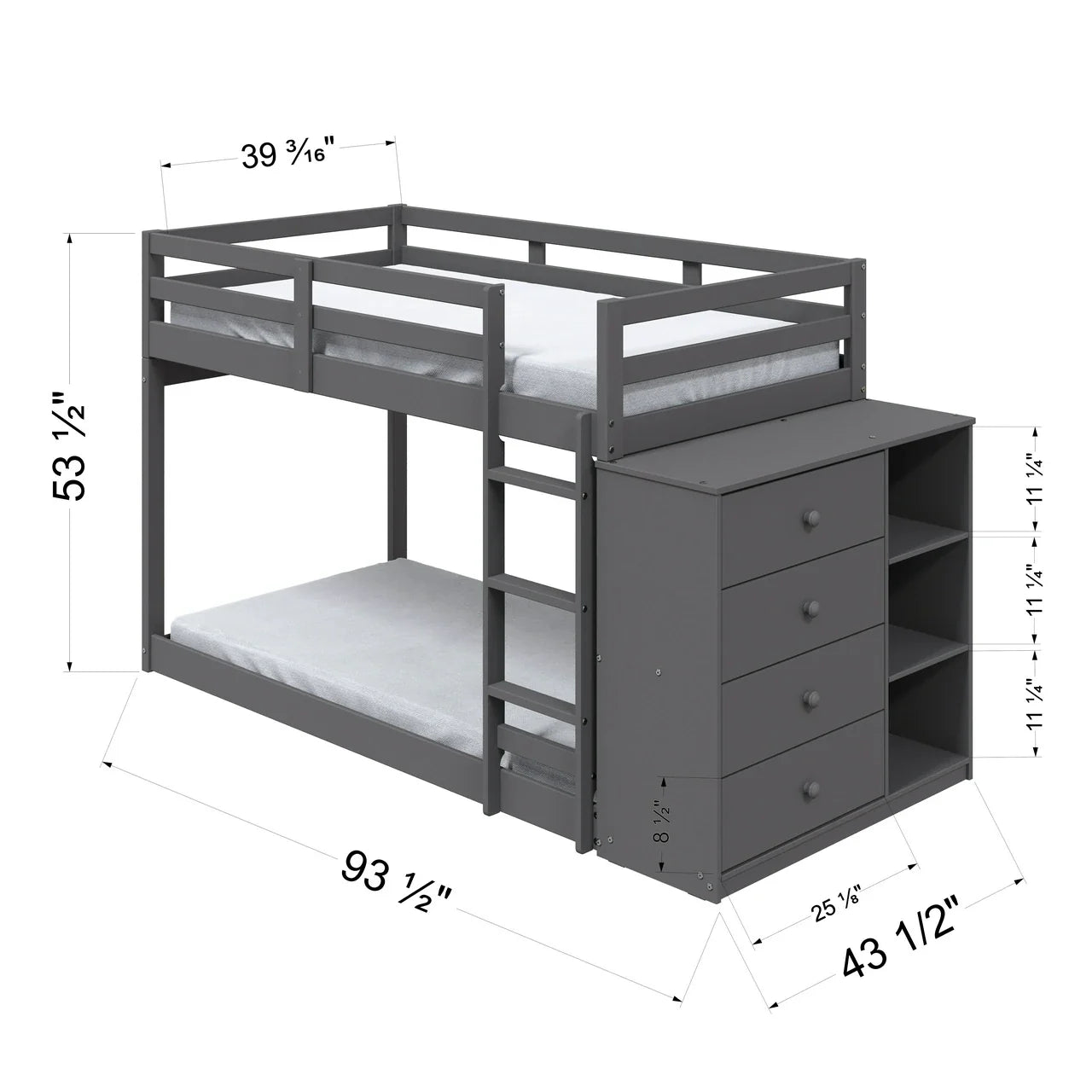 Nastik Gaston Gray Wood Bunk Bed T/T  With Drawers, Compartments & Ladder