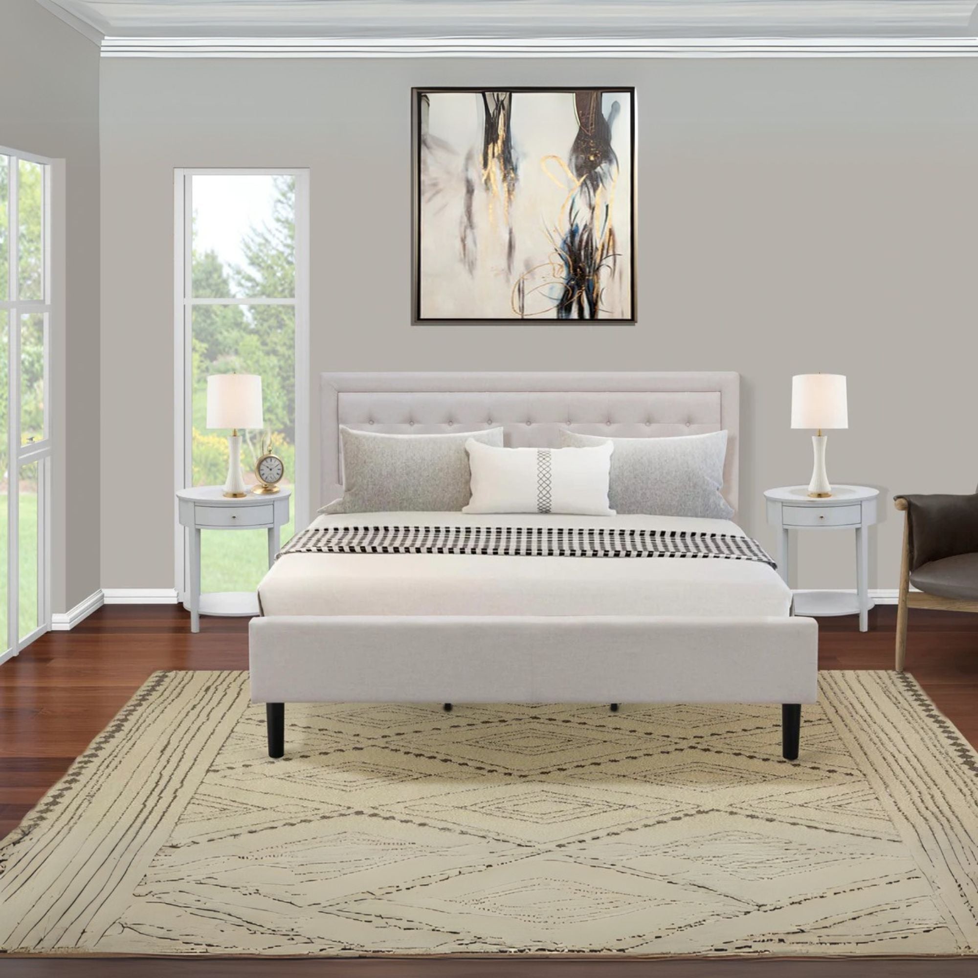 Asami Camden King Size Upholstered Bed in Mist Beige  Linen Fabric, Button Tufting, Black Legs