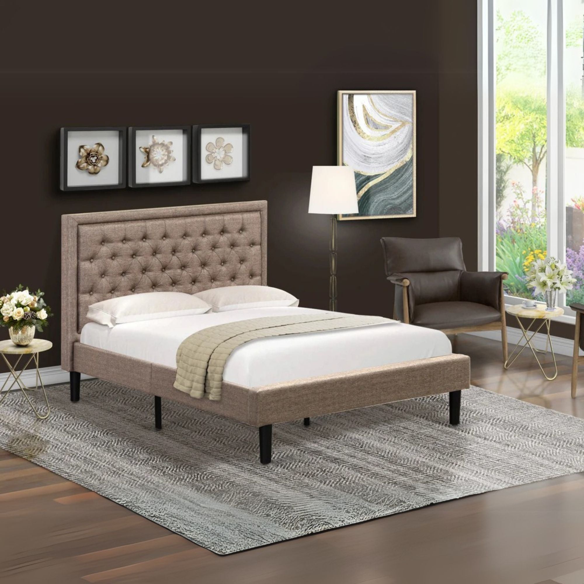 Khaki KhakiDreams Full Linen Upholstered Bed Frame  Dark Khaki Finish, Tufted Headboard, Platform Design