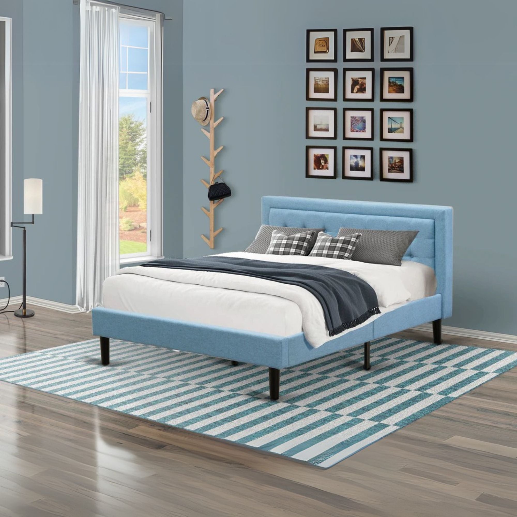 Platform Queen Size Bed - Denim Blue Linen Fabric Upholestered Bed Headboard with Button Tufted Trim Design - Black Legs