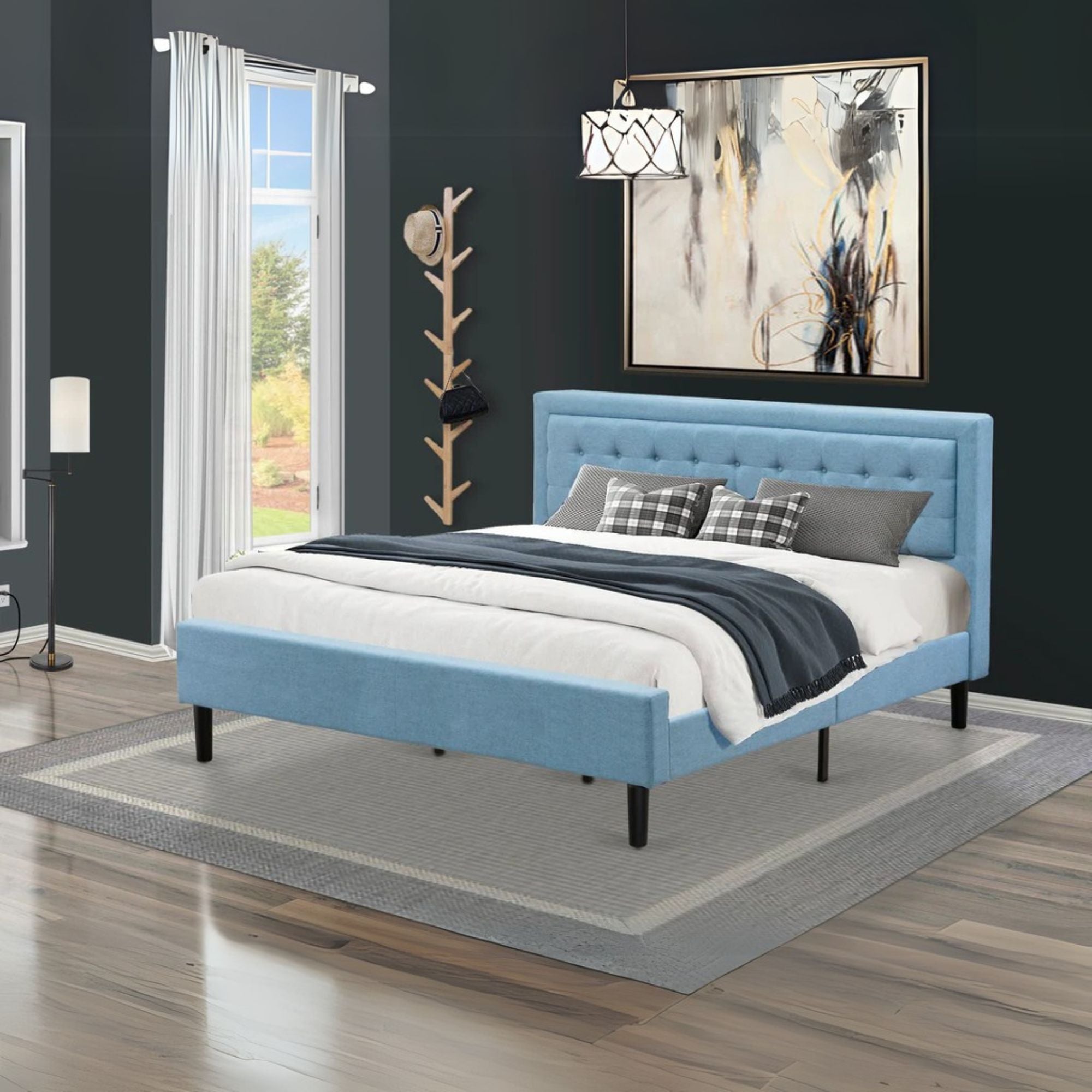 Platform King Bed Frame - Denim Blue Linen Fabric Upholestered Bed Headboard with Button Tufted Trim Design - Black Legs