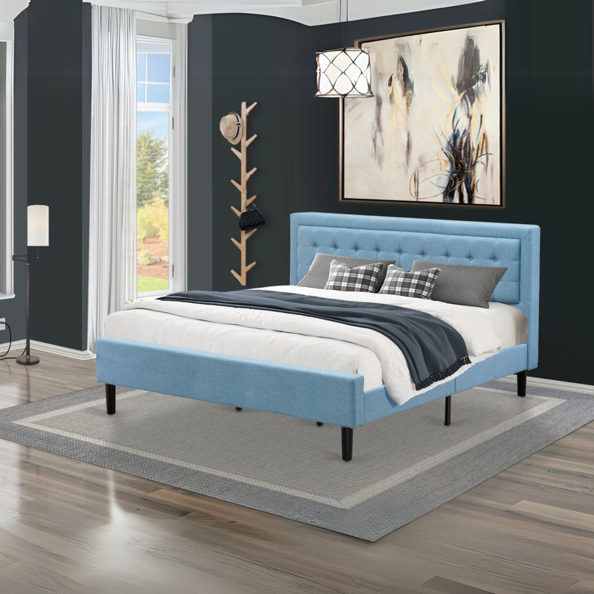 Platform Full Bed Frame - Denim Blue Linen Fabric Upholestered Bed Headboard with Button Tufted Trim Design - Black Legs