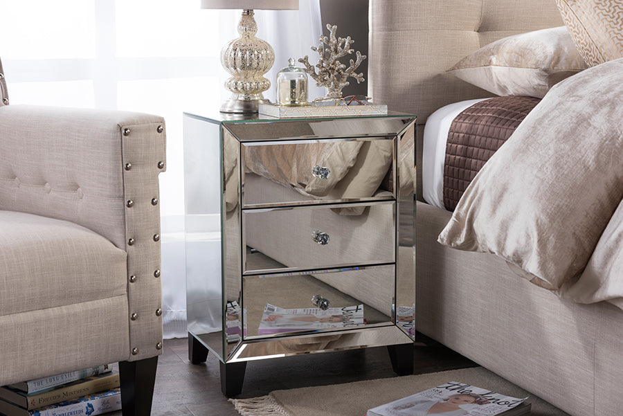 Chevron Modern and Contemporary Hollywood Regency our Style Mirrored 3-Drawers End Table