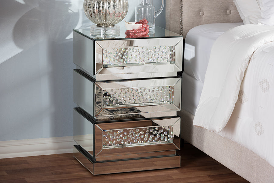 Sabrina Hollywood Regency our Style Mirrored 3-Drawer End Table