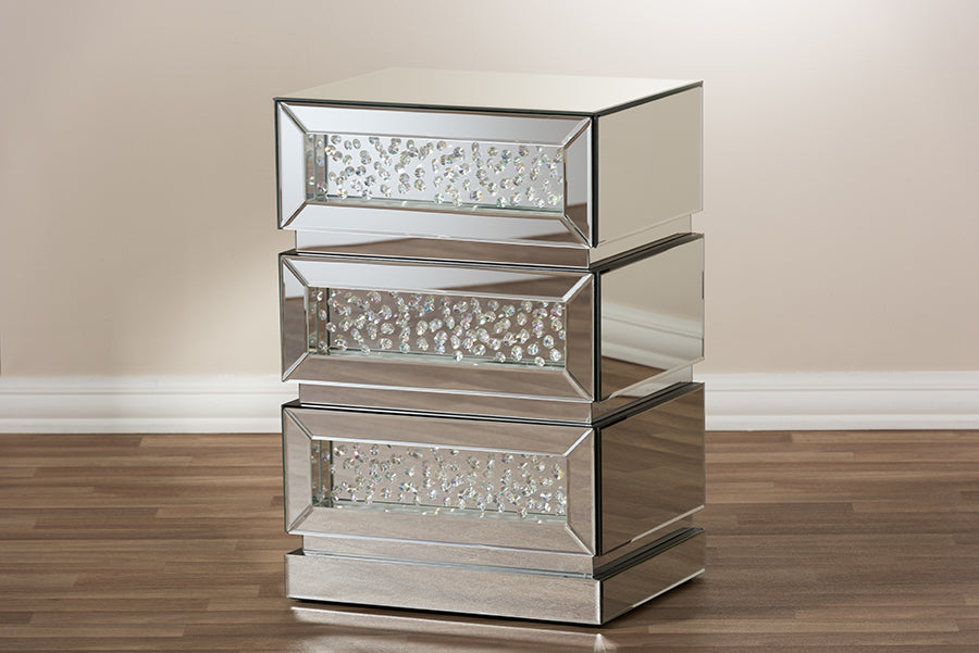 Sabrina Hollywood Regency our Style Mirrored 3-Drawer End Table