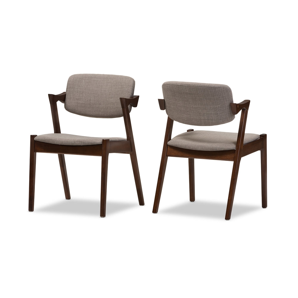 Elegant Mid-Century Dark Walnut Wood Grey Fabric Upholstered Dining Armchair