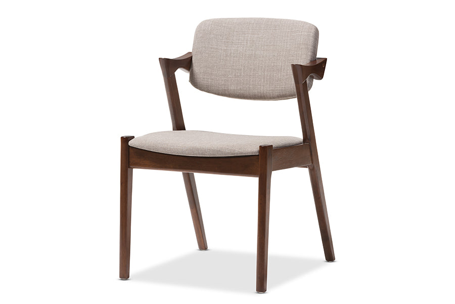 Elegant Mid-Century Dark Walnut Wood Grey Fabric Upholstered Dining Armchair