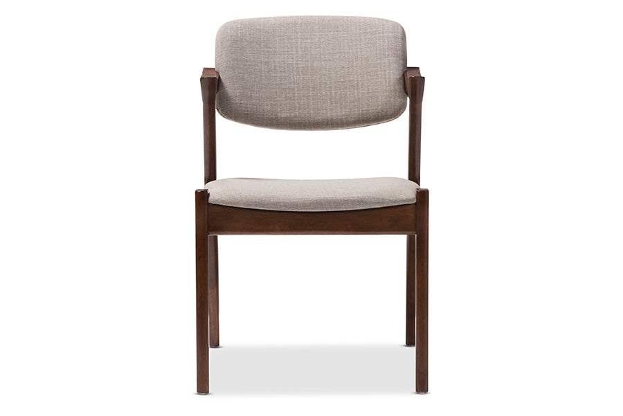 Elegant Mid-Century Dark Walnut Wood Grey Fabric Upholstered Dining Armchair