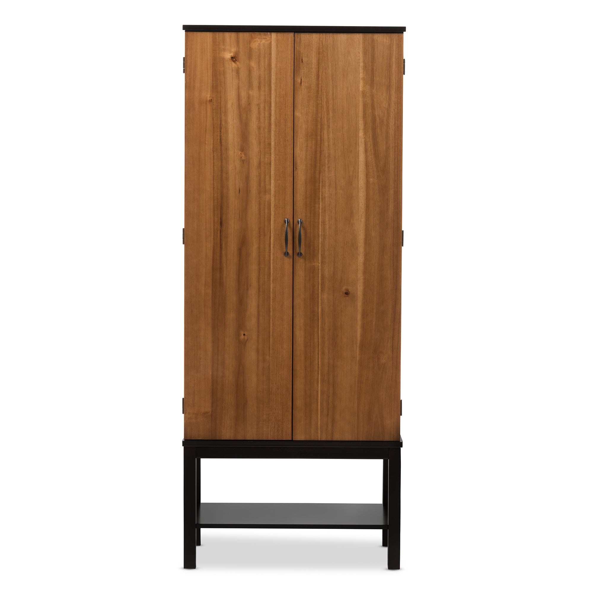 Marya Mid-Century Modern Dark Brown and Walnut Two-Tone Solid Rubberwood Mdf Veneered Wine Cabinet