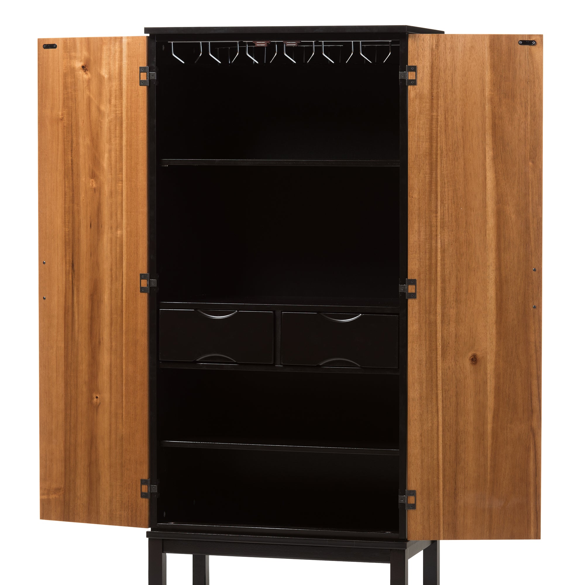 Marya Mid-Century Modern Dark Brown and Walnut Two-Tone Solid Rubberwood Mdf Veneered Wine Cabinet