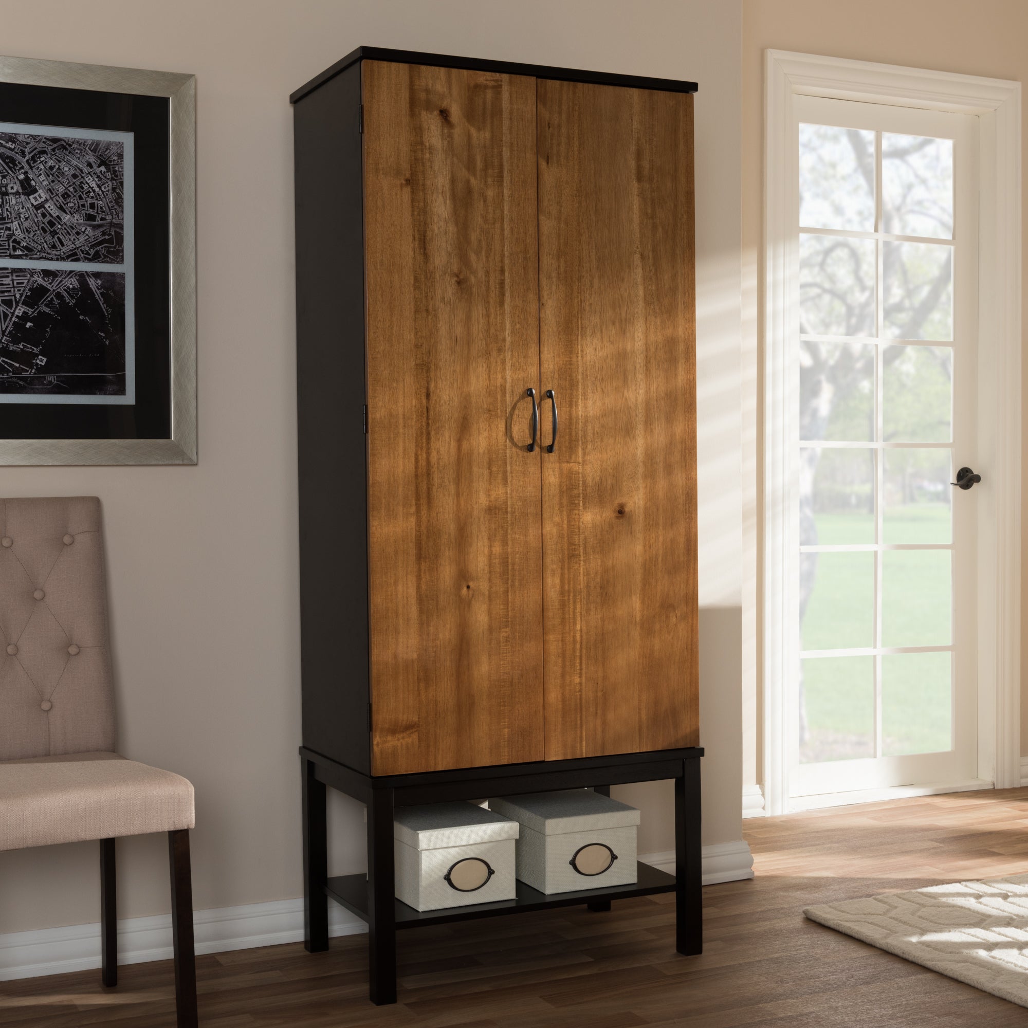 Marya Mid-Century Modern Dark Brown and Walnut Two-Tone Solid Rubberwood Mdf Veneered Wine Cabinet
