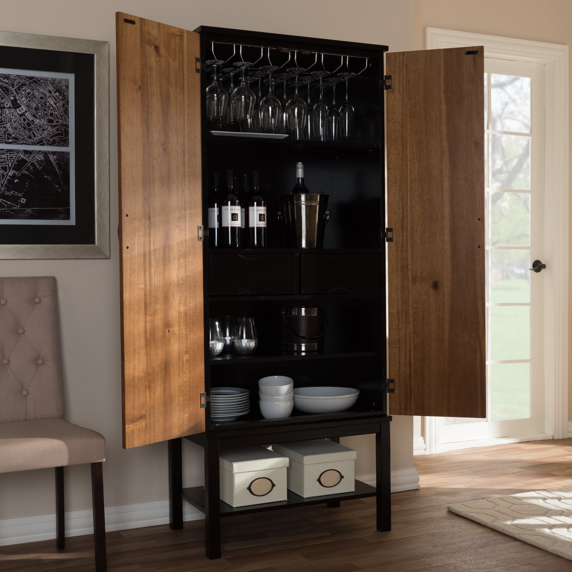 Marya Mid-Century Modern Dark Brown and Walnut Two-Tone Solid Rubberwood Mdf Veneered Wine Cabinet
