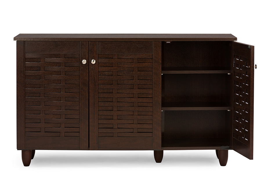 Winda Modern and Contemporary 3-Door Dark Brown Wooden Entryway Shoes Storage Cabinet