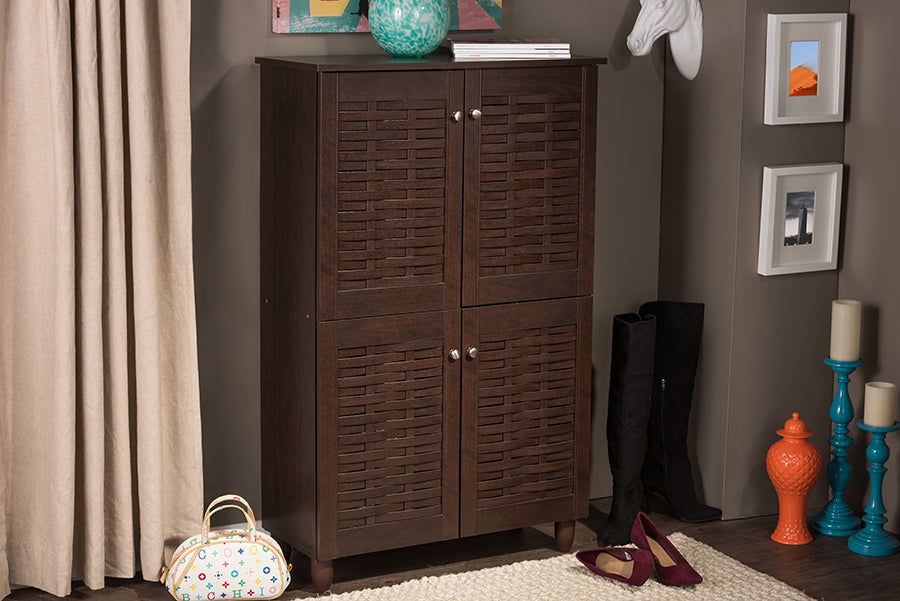 Winda Modern and Contemporary 4-Door Dark Brown Wooden Entryway Shoes Storage Cabinet