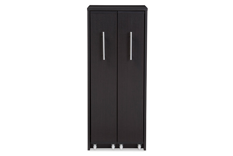 Lindo Dark Brown Wood Bookcase with Two Pulled-out Doors Shelving Cabinet