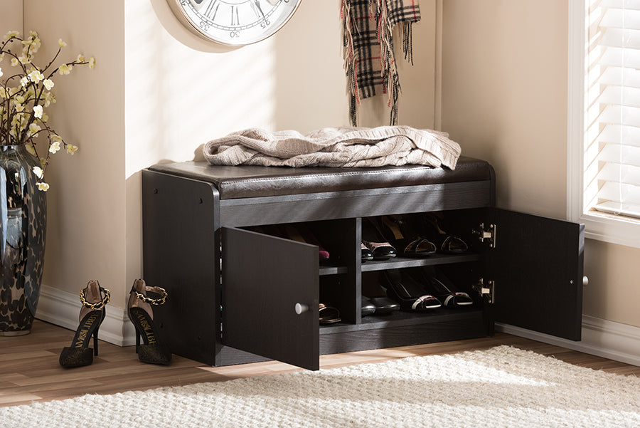 Margaret Modern and Contemporary Dark Brown Wood 2-Door Shoe Cabinet with Seating Bench
