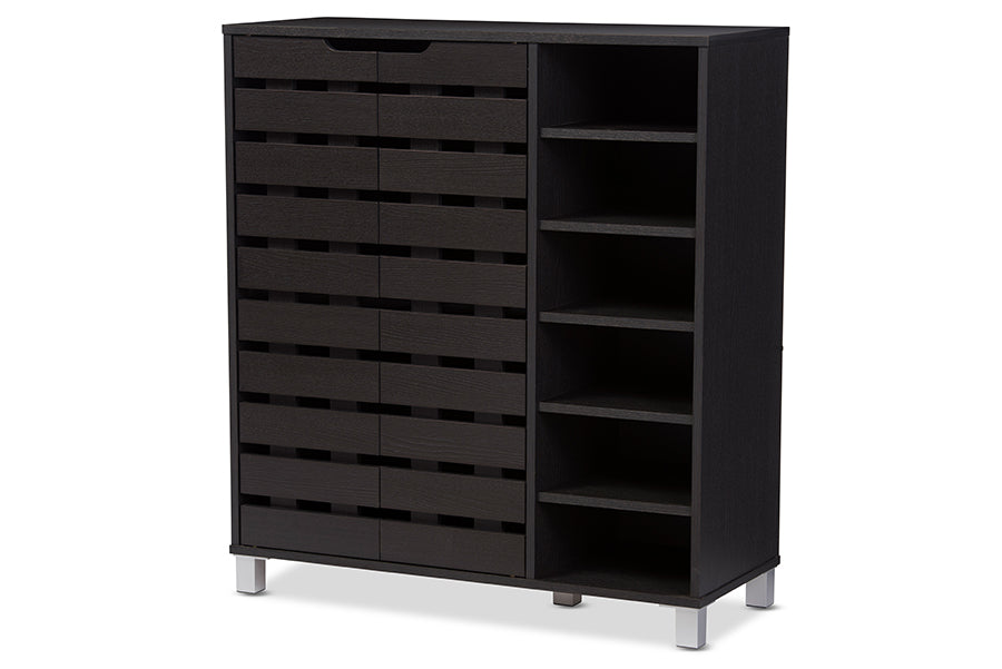 Shirley Modern and Contemporary Dark Brown Wood 2-Door Shoe Cabinet with Open Shelves