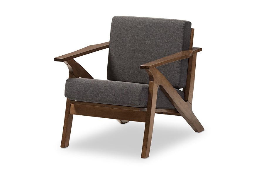 Cayla Mid-Century Modern Grey Fabric and "Walnut" Brown Wood Living Room 1-Seater Lounge Chair