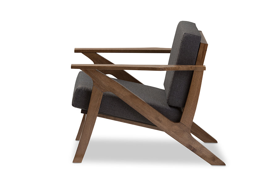 Cayla Mid-Century Modern Grey Fabric and "Walnut" Brown Wood Living Room 1-Seater Lounge Chair