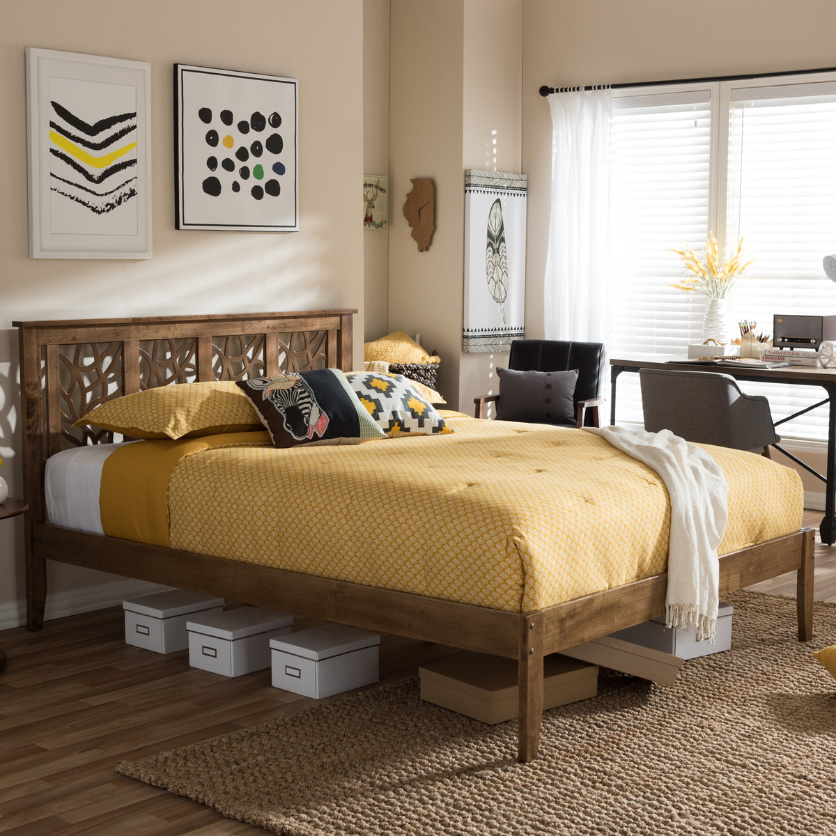 Trina Contemporary Tree Branch Inspired Walnut Wood King Size Platform Bed