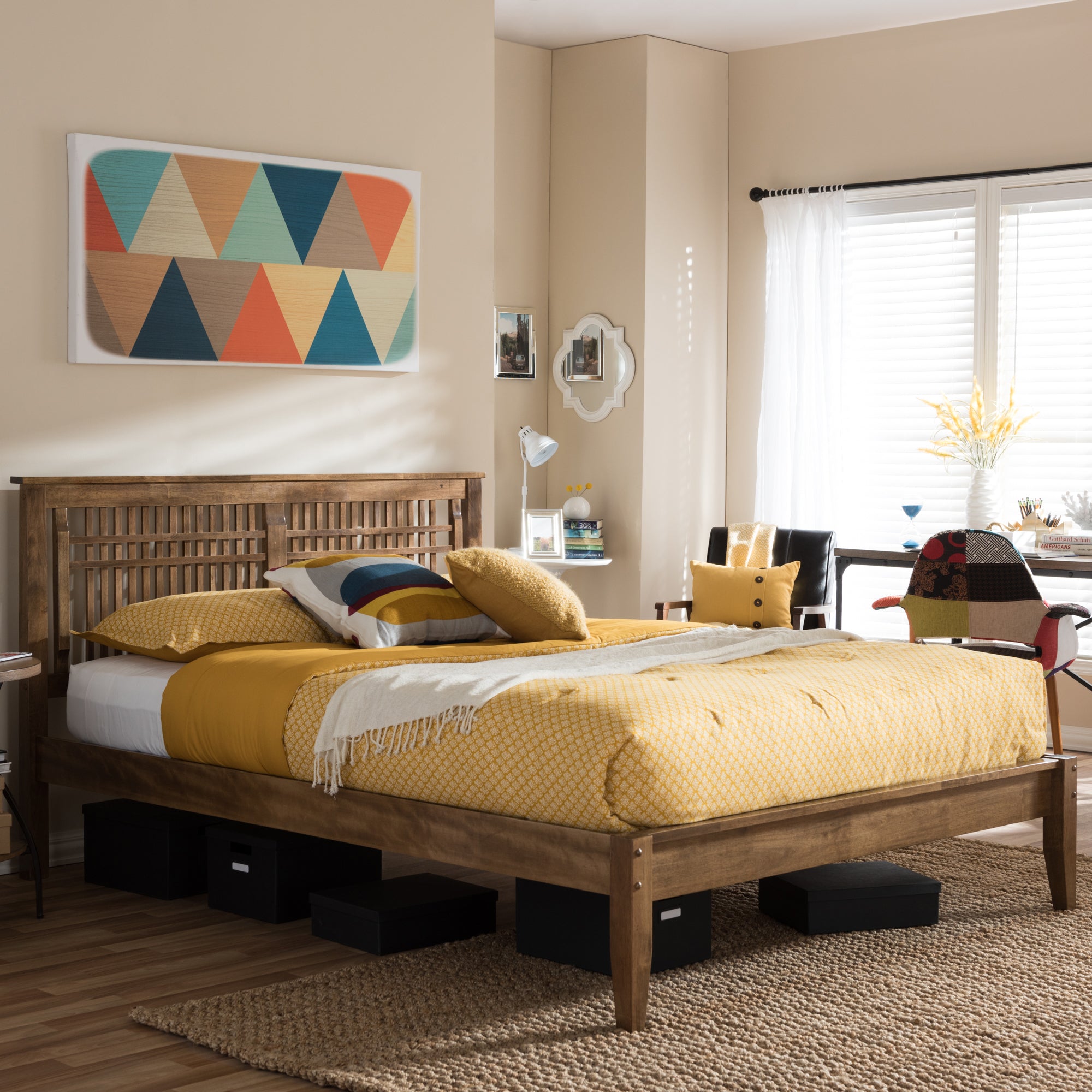 Loafey Solid Walnut Wood Window-Pane Style Queen Size Platform Bed
