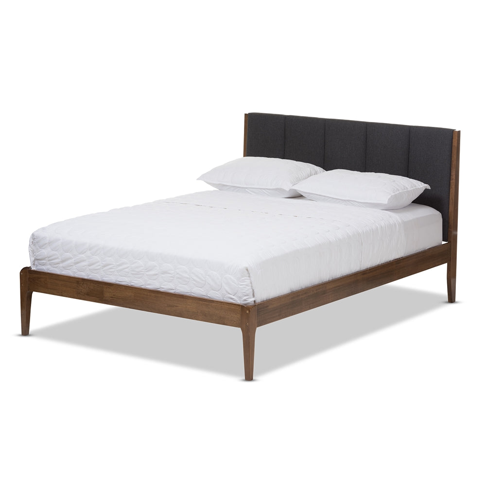 Ember Light Grey Fabric and Medium Brown Finish Wood Queen Size Platform Bed