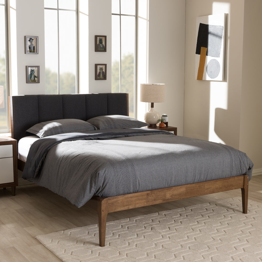 Ember Light Grey Fabric and Medium Brown Finish Wood Queen Size Platform Bed