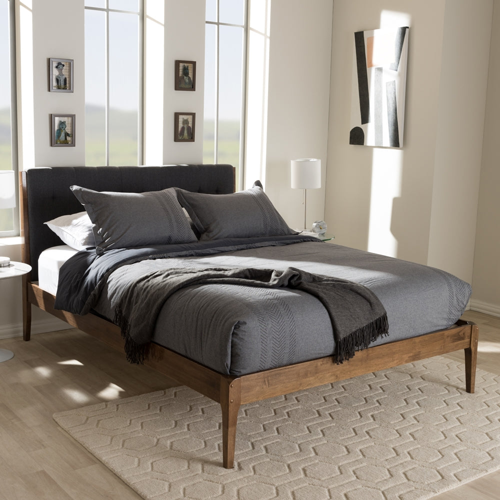 Clifford Dark Grey Fabric and Medium Brown Finish Wood King Size Bed