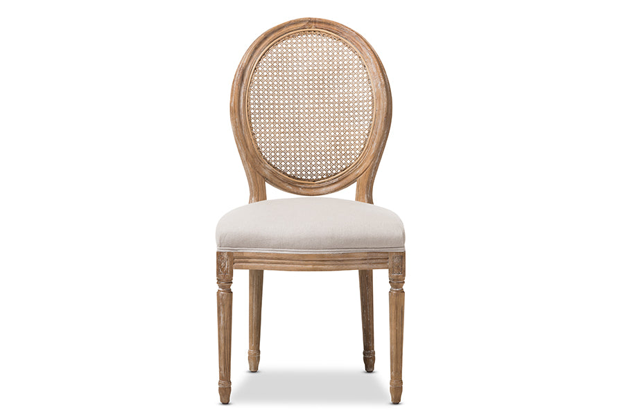 Adelia French Vintage Cottage Weathered Oak Finish Wood and Beige Fabric Upholstered Dining Side Chair with Round Cane Back