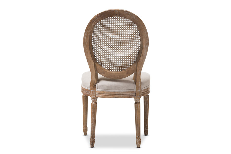 Adelia French Vintage Cottage Weathered Oak Finish Wood and Beige Fabric Upholstered Dining Side Chair with Round Cane Back