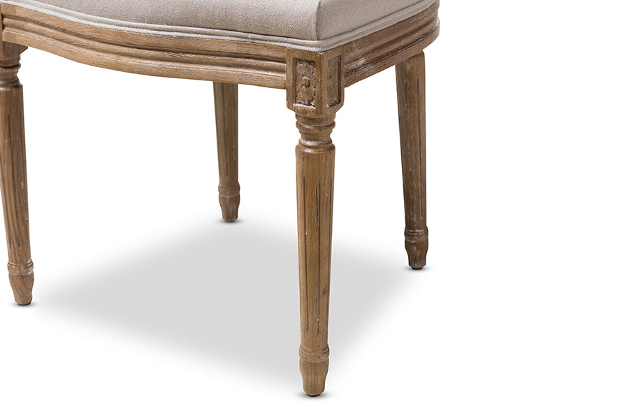 Adelia French Vintage Cottage Weathered Oak Finish Wood and Beige Fabric Upholstered Dining Side Chair with Round Cane Back