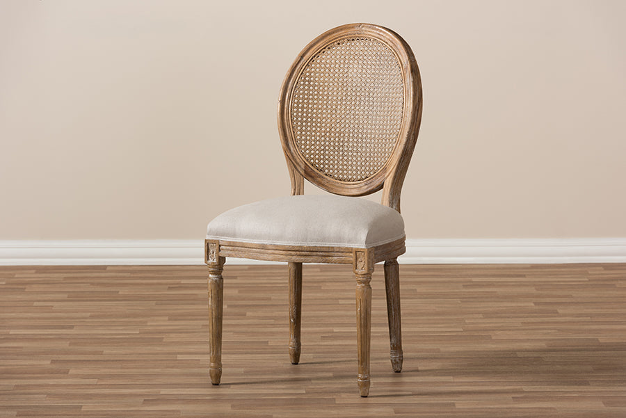 Adelia French Vintage Cottage Weathered Oak Finish Wood and Beige Fabric Upholstered Dining Side Chair with Round Cane Back