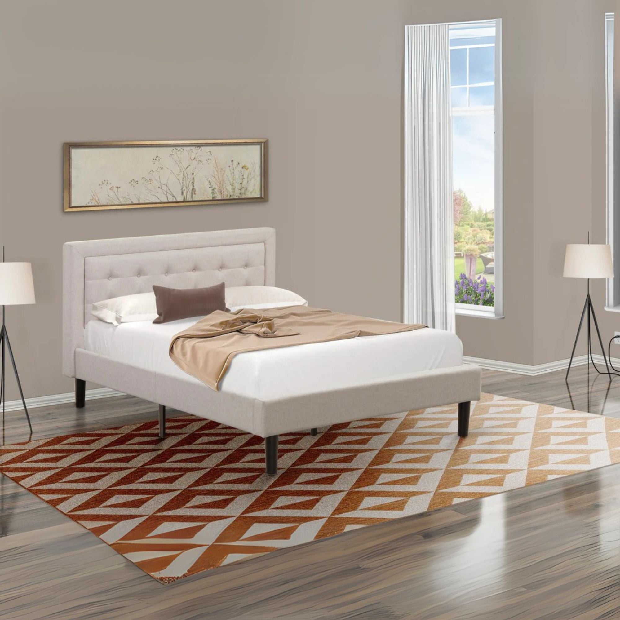 Katya Camden Collection Full Linen Upholstered Platform Bed  Mist Beige, Button Tufted, Trim Design