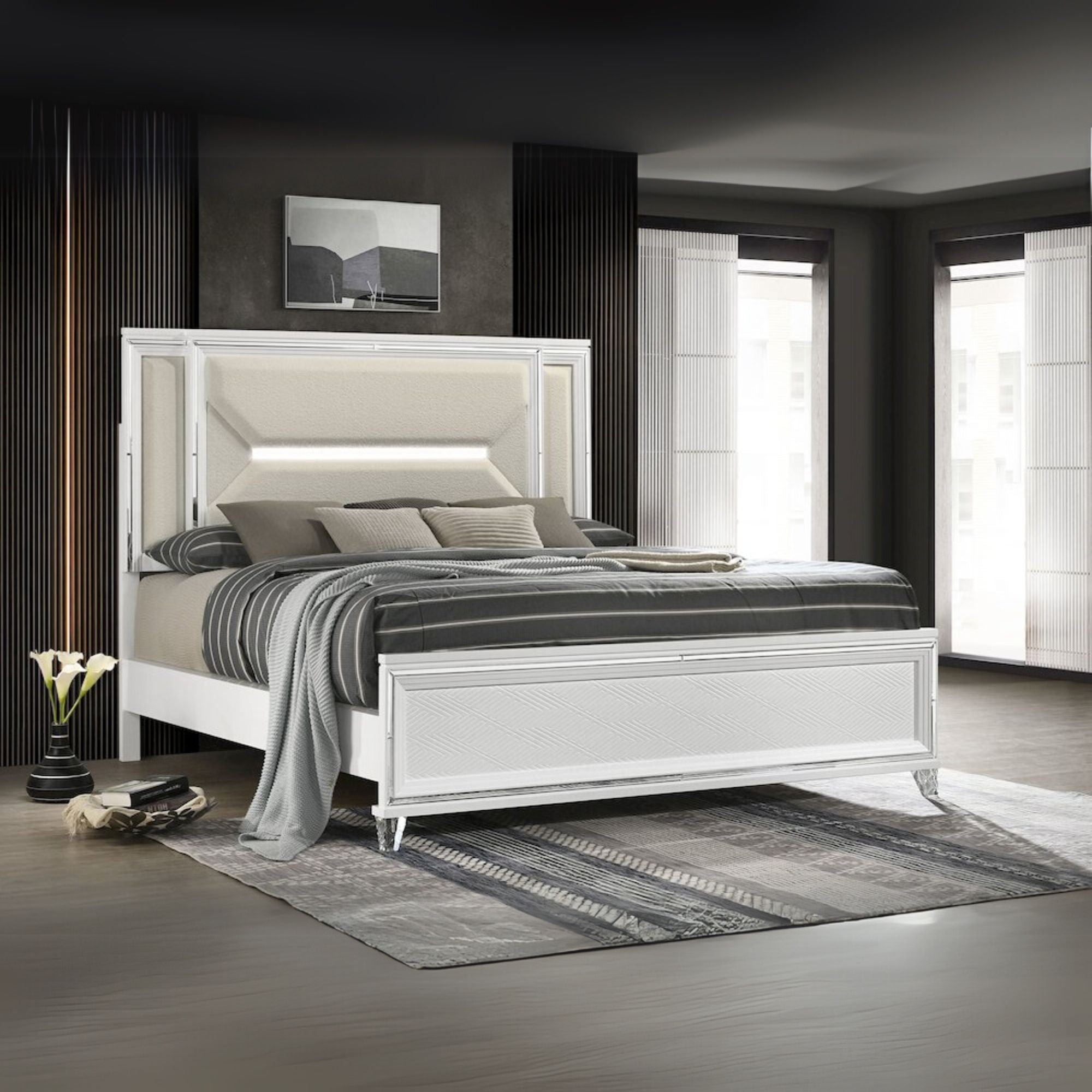 Marmore 64-inch Queen Panel Bed LED Headboard White