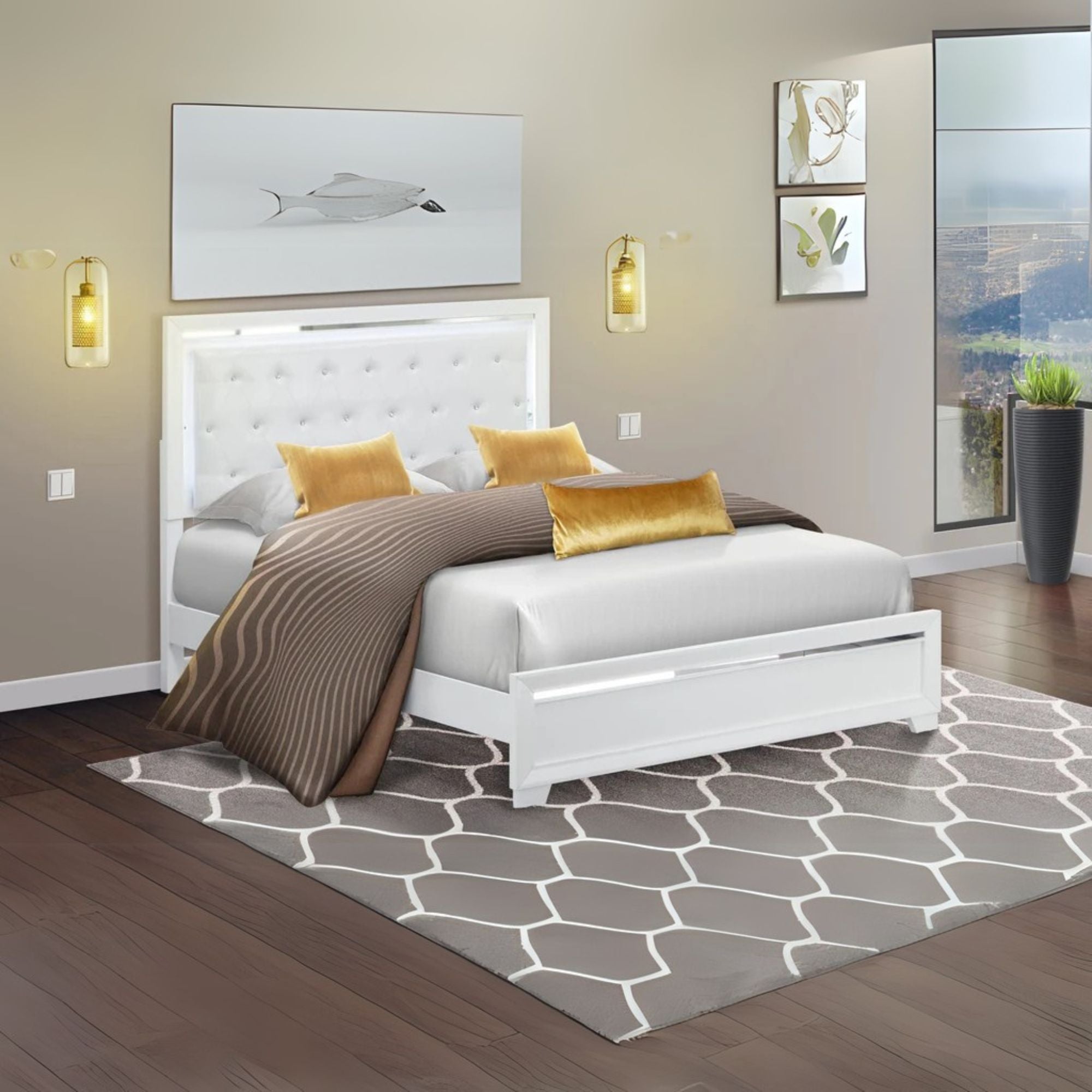 Pandora Wooden Queen Bed - Wood Bed Frame with Adjustable Wood Slat - White Finish