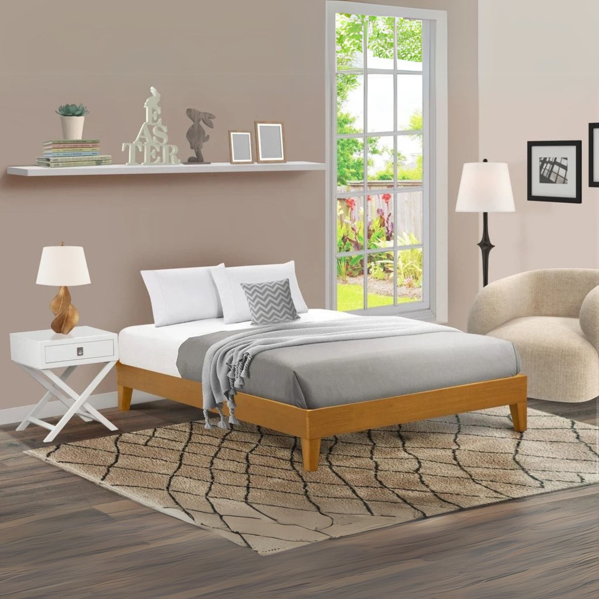 Full Platform Bed Frame with 4 Solid Wood Legs and 2 Extra Center Legs - Oak Finish