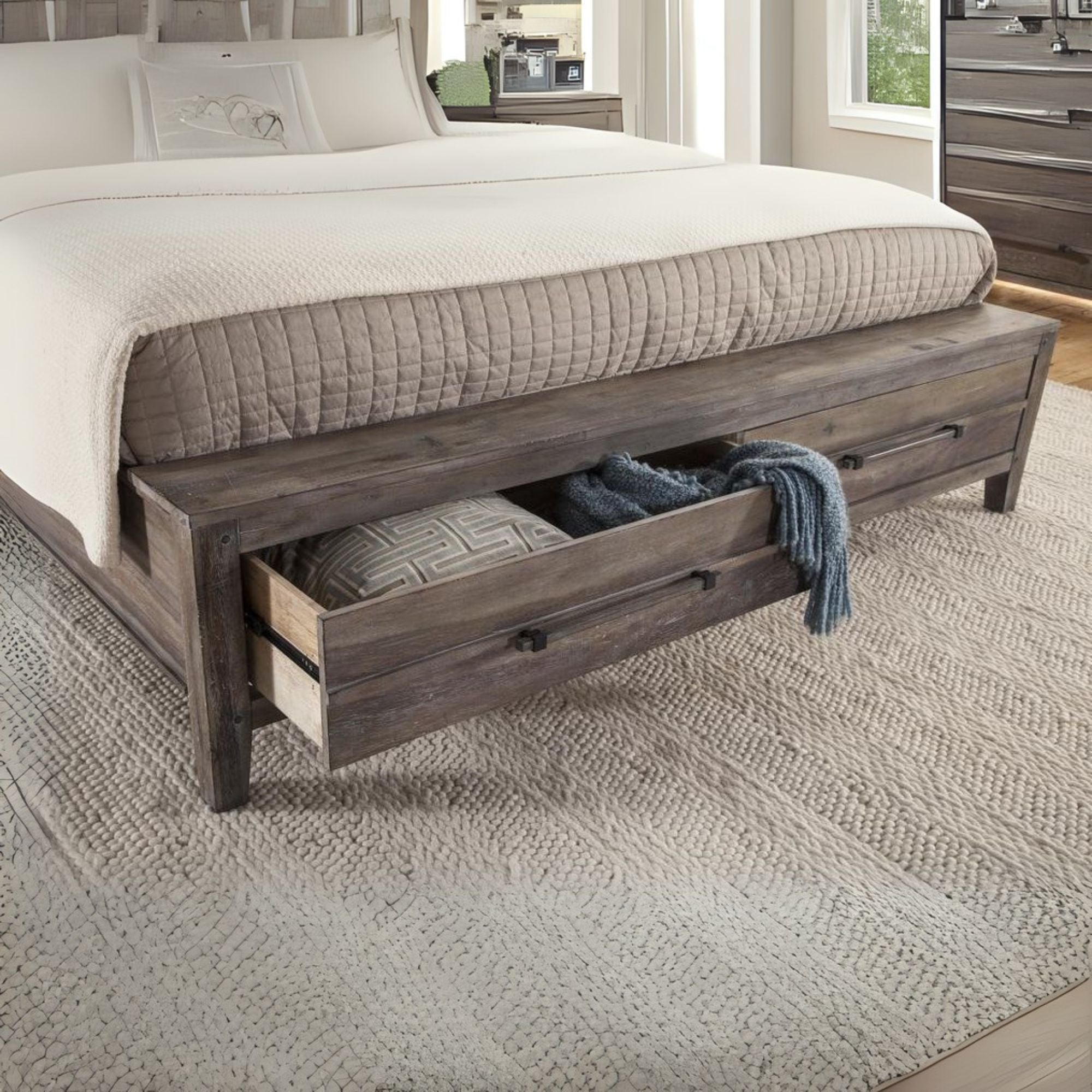 Aurora King Panel Bed - With Storage Footboard - Weathered Grey