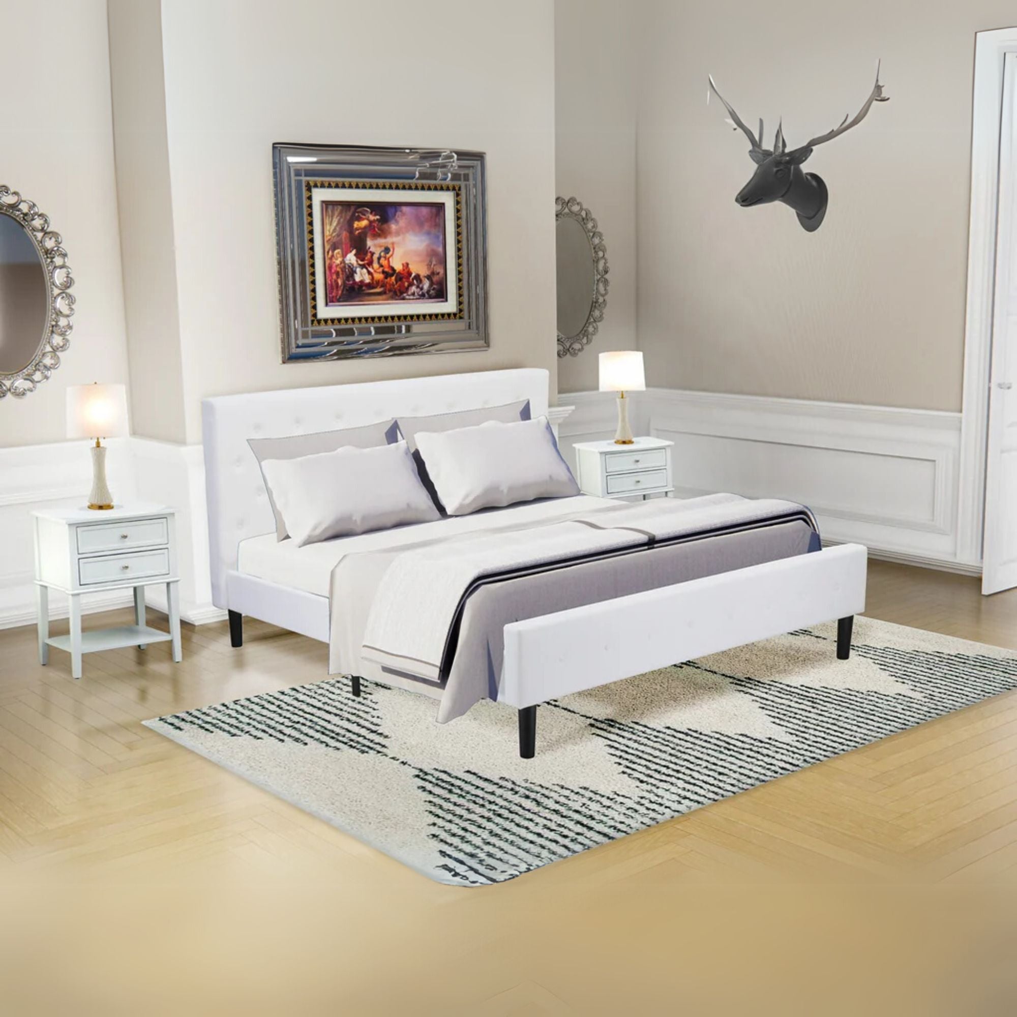 Nolan Platform Bed - Button Tufted White Velvet Fabric Upholstered Headboard & Footboard, Black Legs, King Size