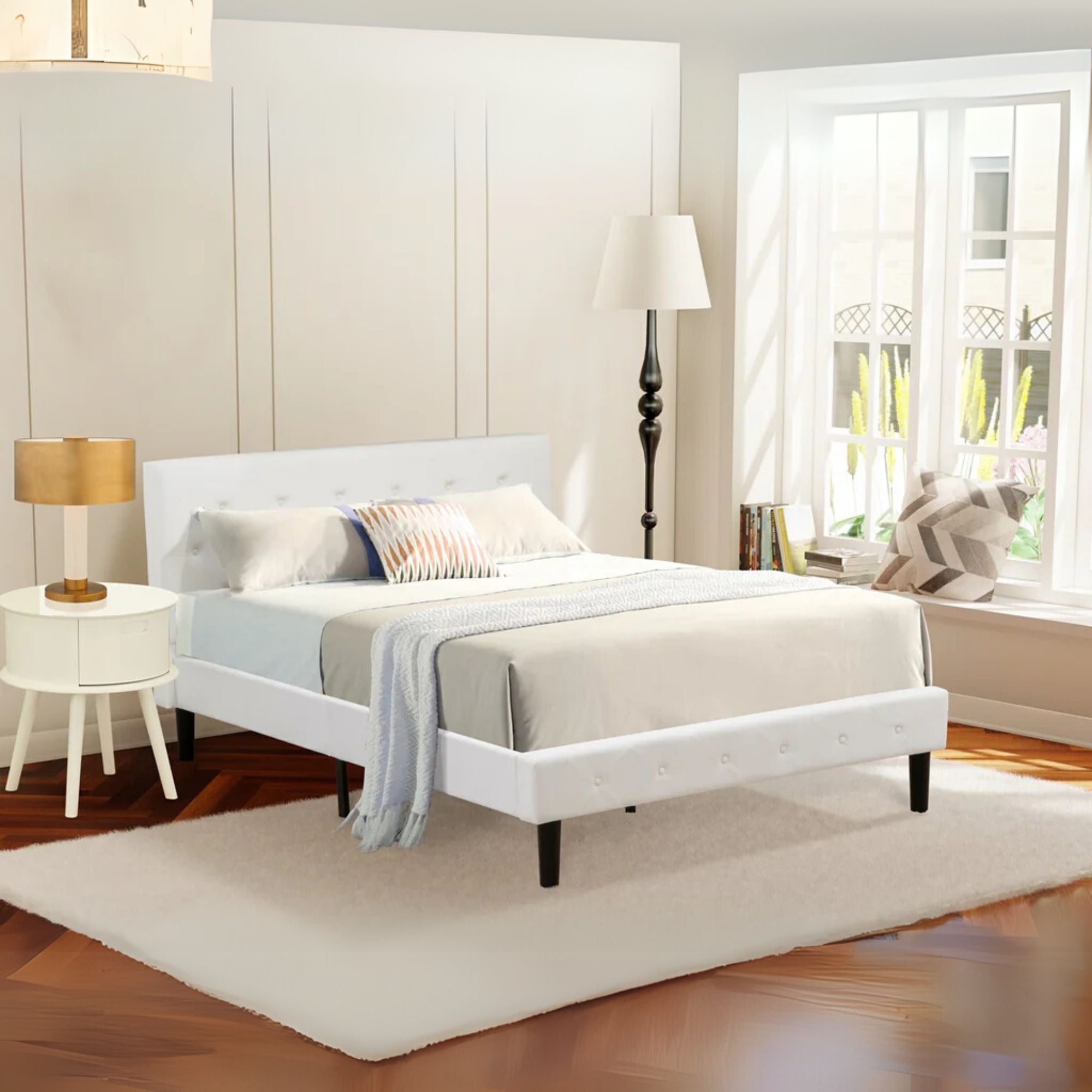 Nolan Platform Bed Frame - Button Tufted White Velvet Fabric Padded Headboard & Footboard, Black Legs, Full Size