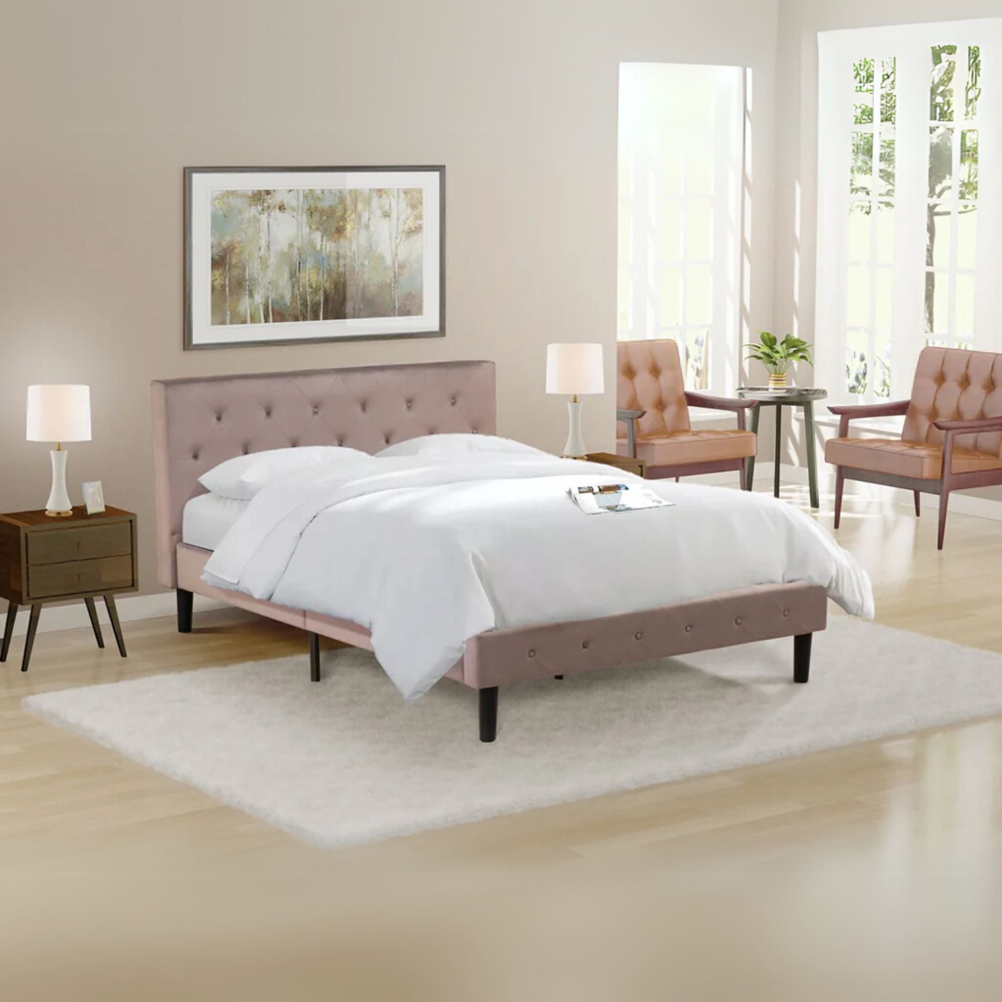 Nolan Platform Bed Frame - Button Tufted Brown Taupe Velvet Fabric Upholstery Headboard & Footboard, Black Legs, Queen Sizetboard