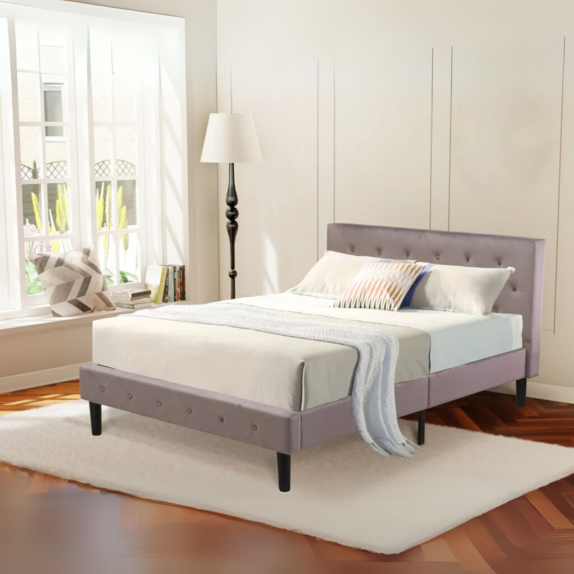 Kamal Nolan Full Brown Taupe Velvet Platform Bed  Modern Button-Tufted Headboard & Footboard