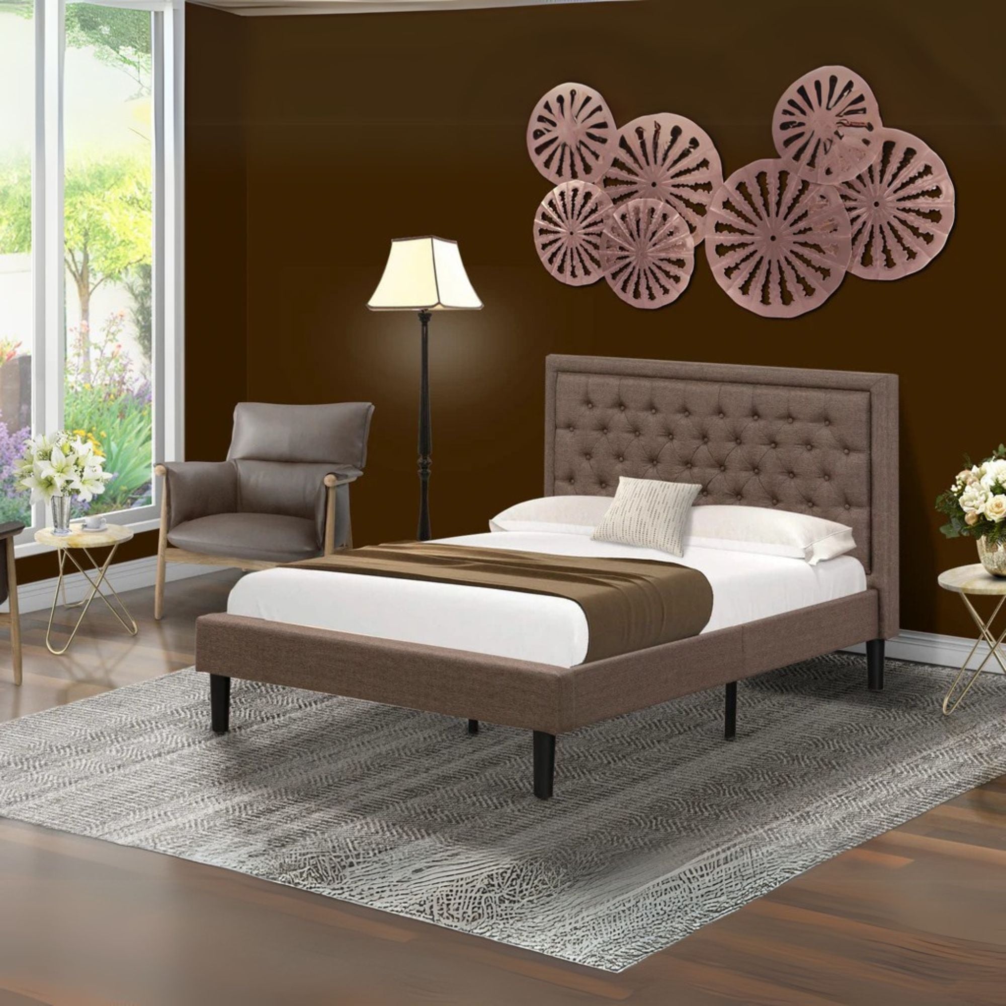 Maverick Contemporary Full Size Brown Linen Upholstered Platform Bed  Button Tufted Fabric Headboard